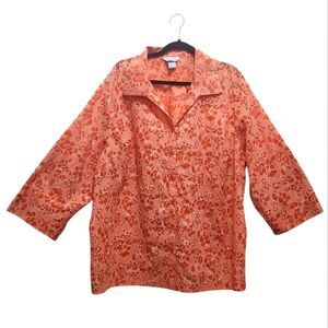 Vintage Koret Francisca Orange Floral 3/4 Sleeve Button Up Top Plus Size 22W
